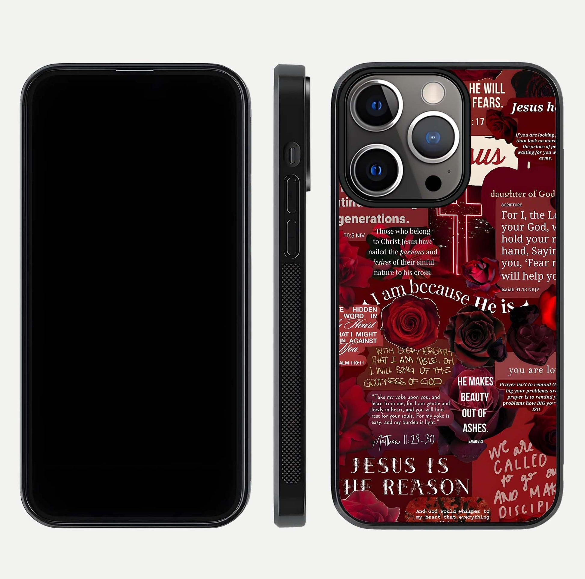 Jesus Love Heals Glass Case for iPhone 13 Pro front and back view layout with elegant typography and smooth edges