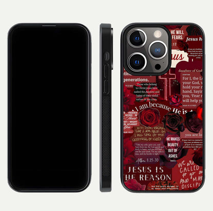 Jesus Love Heals Glass Case for iPhone 13 Pro front and back view layout with elegant typography and smooth edges