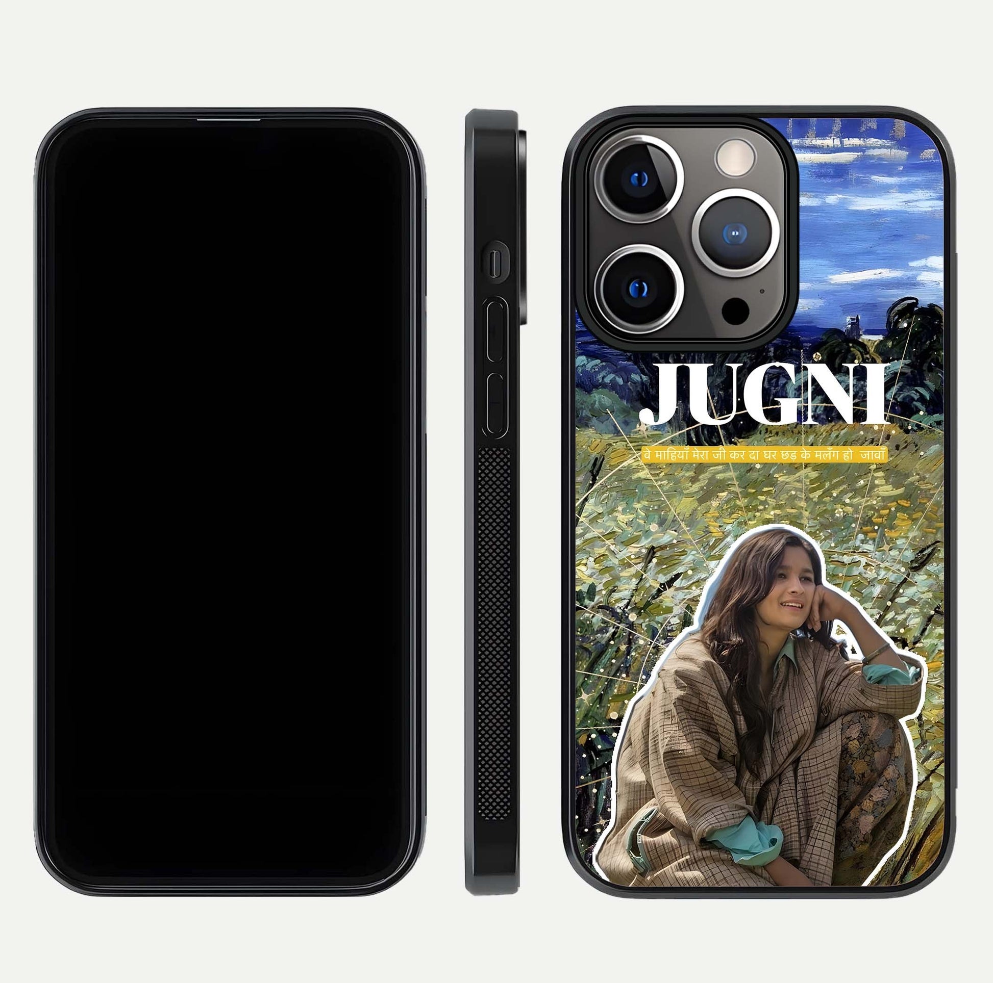 Jugni Soul Vibes Glass Case for iPhone 13 Pro front and back view layout highlighting desi art and curved glass edges