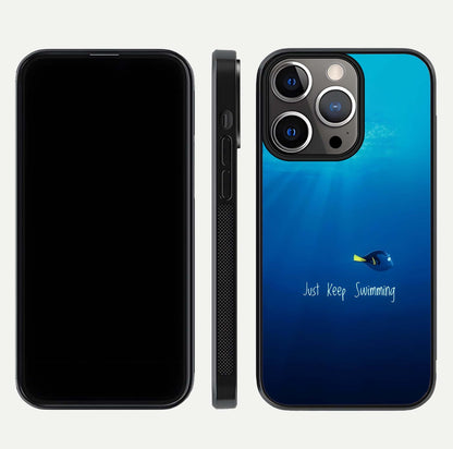 Just Keep Swimming Glass Case for iPhone 13 Pro front and back view layout with smooth glass edges and HD text clarity