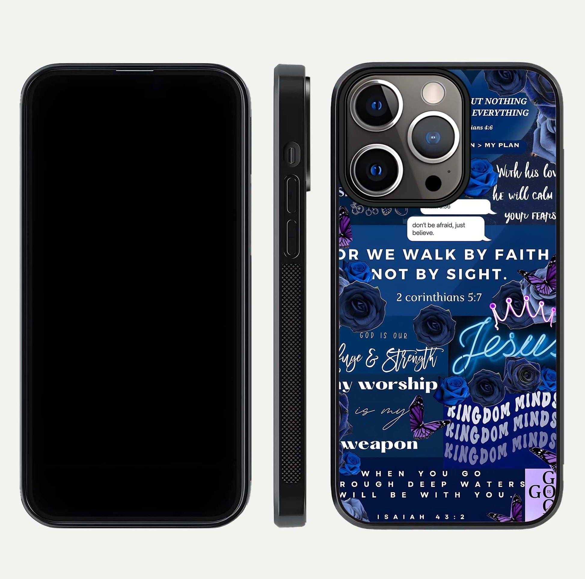 Kingdom Faith Glow Glass Case for iPhone 13 Pro front and back view layout highlighting radiant spiritual design
