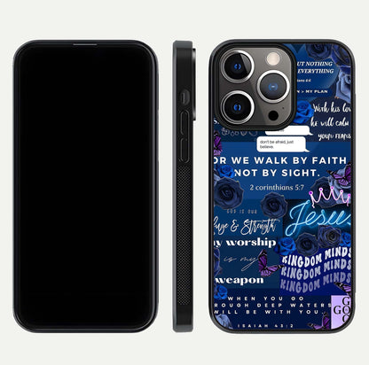 Kingdom Faith Glow Glass Case for iPhone 13 Pro front and back view layout highlighting radiant spiritual design