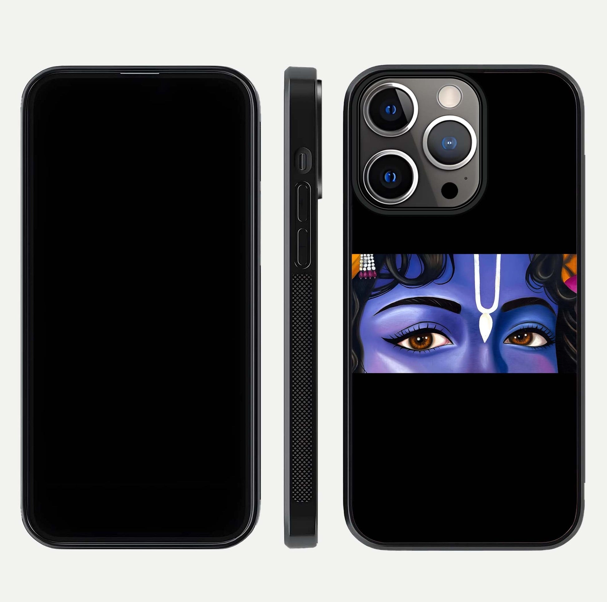 Krishna Eye Glass Case for iPhone 13 Pro front and back view layout highlighting detailed spiritual motif