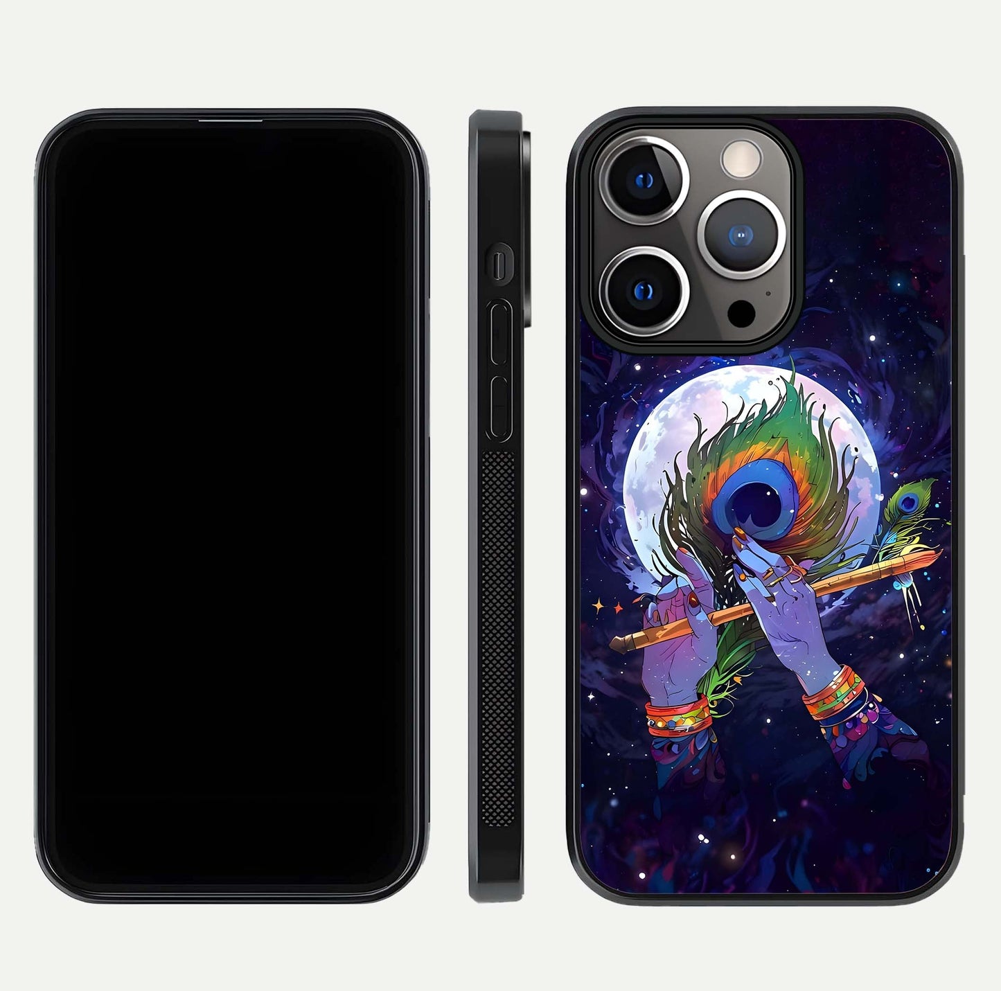 Krishna Hands Art Glass Case for iPhone 13 Pro front and back view layout displaying soft edges and spiritual tones