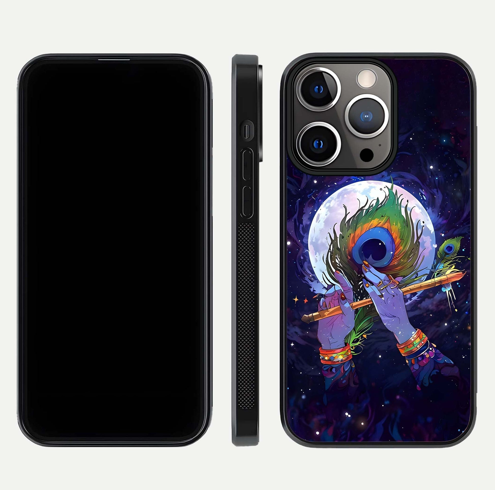 Krishna Hands Art Glass Case for iPhone 13 Pro front and back view layout displaying soft edges and spiritual tones