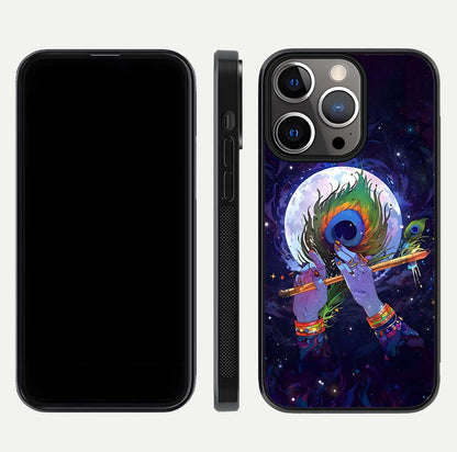 Krishna Hands Art Glass Case for iPhone 13 Pro front and back view layout displaying soft edges and spiritual tones
