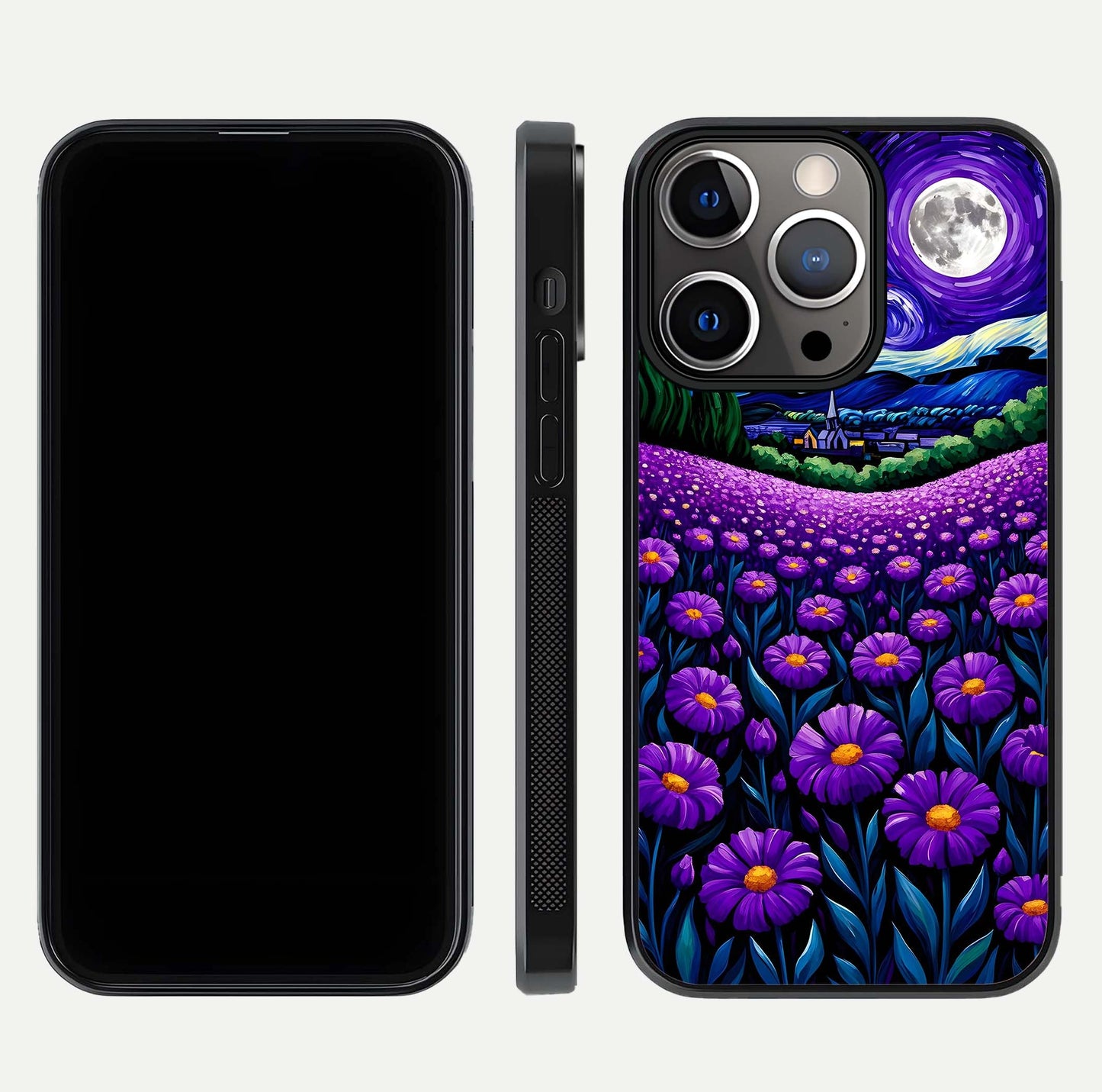 Lavender Moon Field Glass Case for iPhone 13 Pro front and back view layout with soft gradient and curved edges