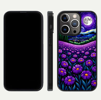 Lavender Moon Field Glass Case for iPhone 13 Pro front and back view layout with soft gradient and curved edges