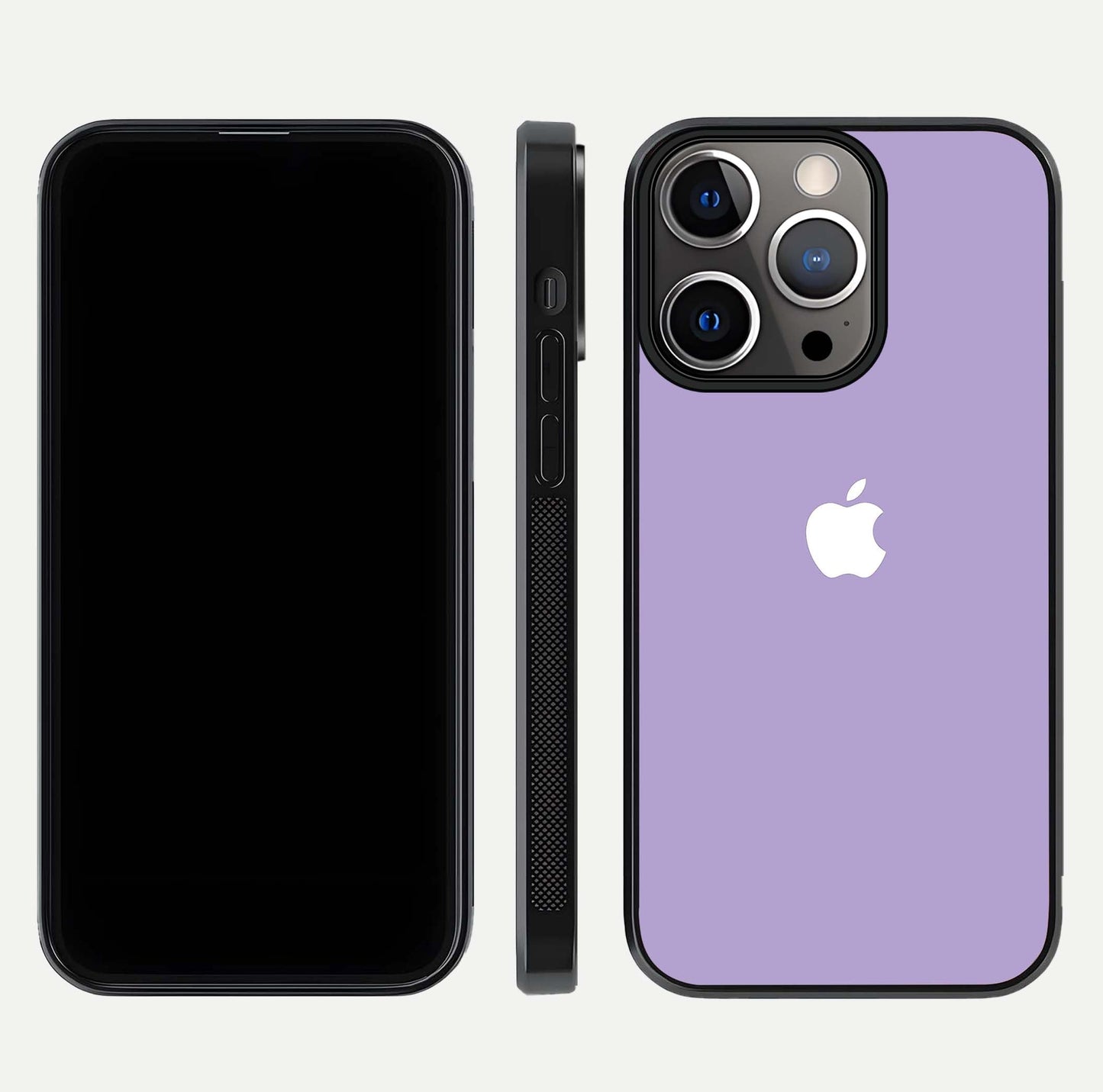 Lavender Soft Minimal Glass Case for iPhone 13 Pro front and back view layout highlighting soft hue and curved edges