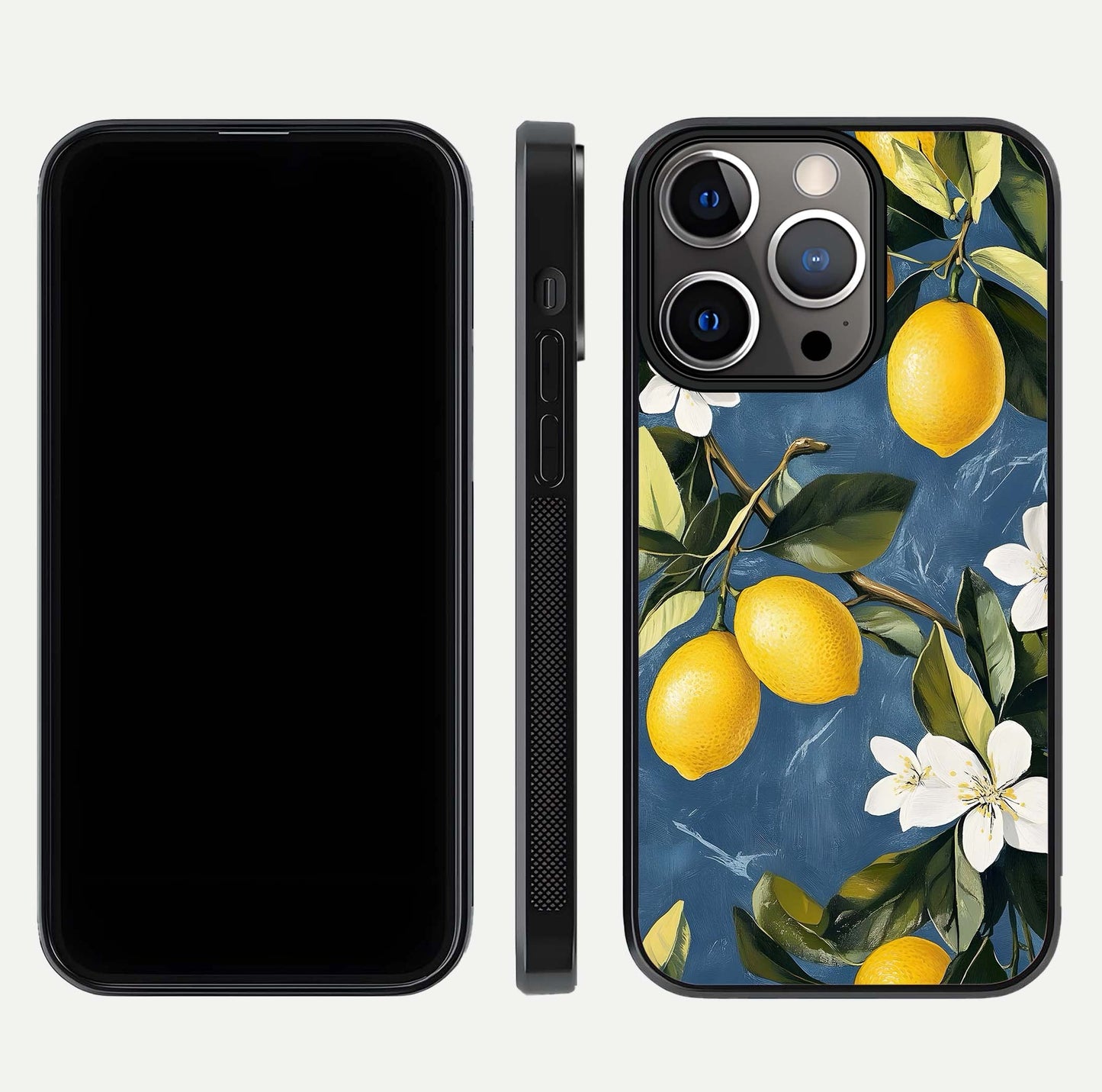 Lemon Dream Garden Glass Case for iPhone 13 Pro front and back view layout highlighting garden tones and edges