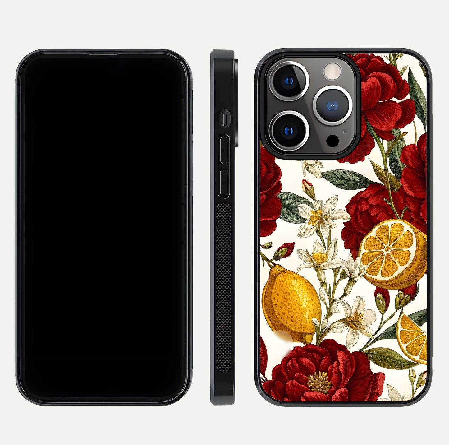 Lemon Rose Charm Glass Case for iPhone 13 Pro front & back layout highlighting soft yellow tones and curved edges