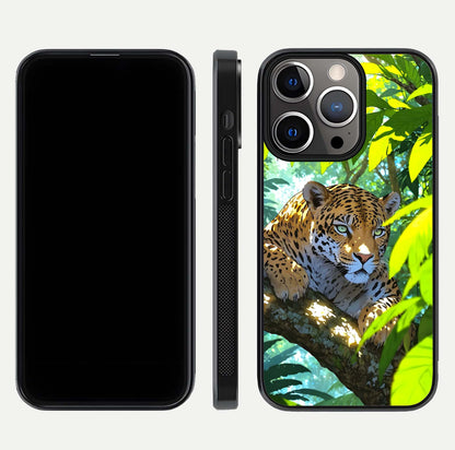 Leopard in Jungle Glass Case for iPhone 13 Pro front & back layout with premium edge detailing and vivid jungle art
