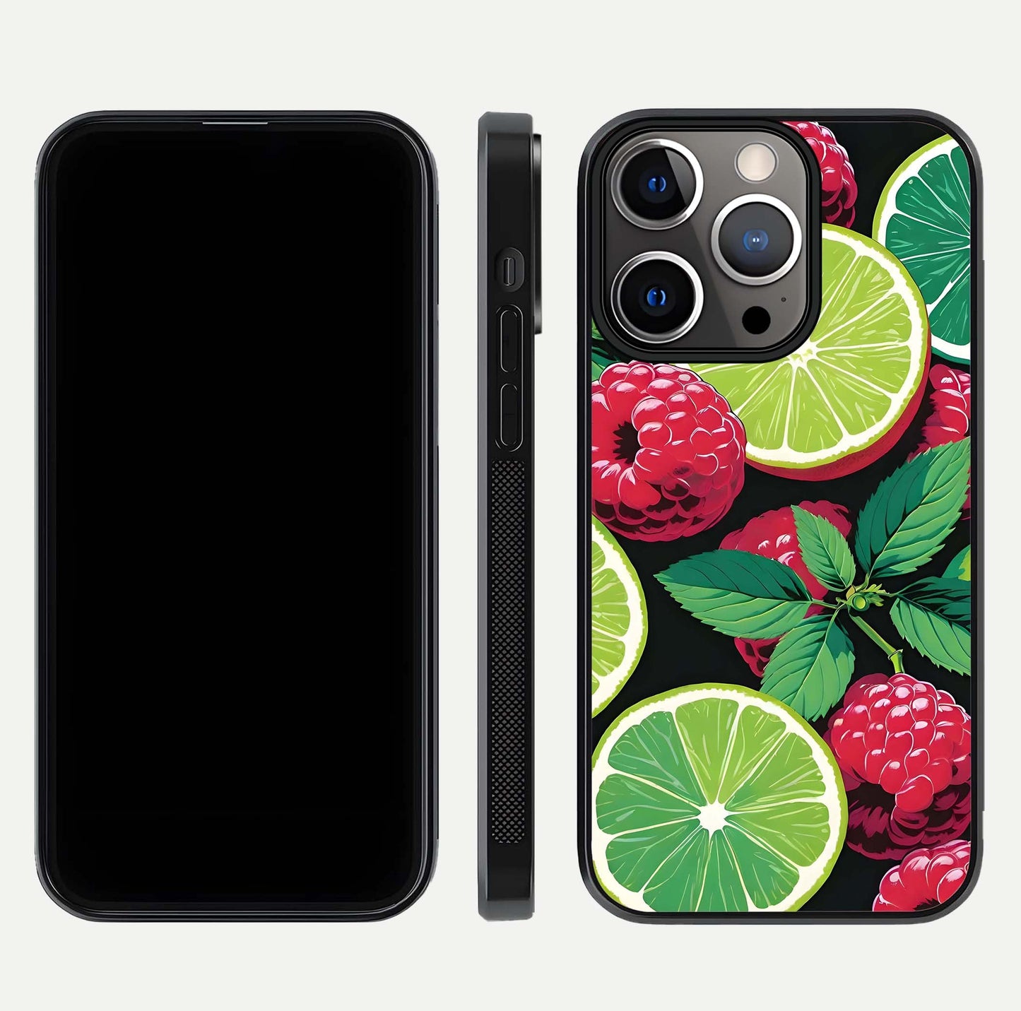 Lime and Raspberry Pattern Glass Case for iPhone 13 Pro front & back layout highlighting fresh summer tones