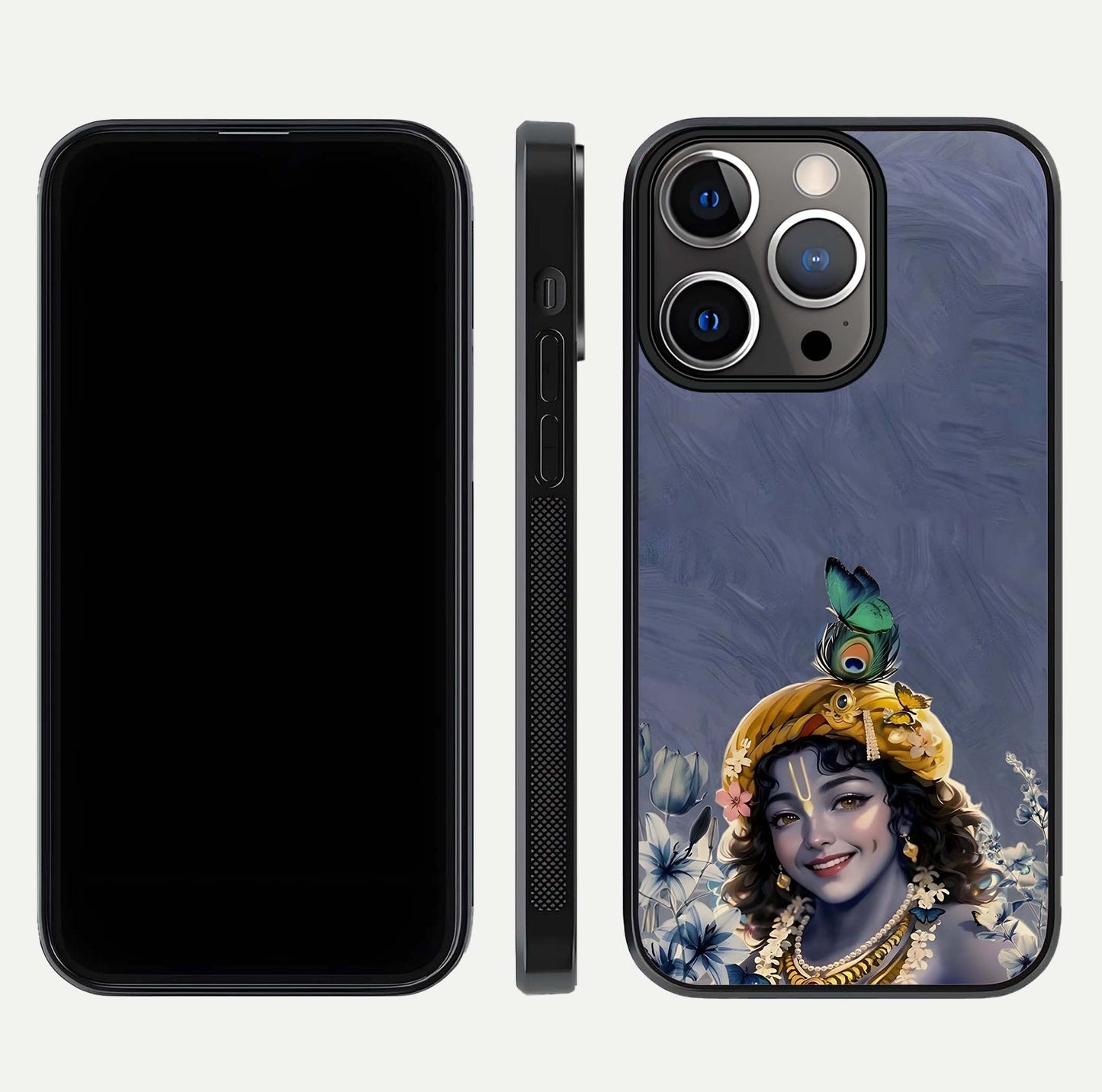 Lord Krishna Glass Case for iPhone 13 Pro front & back layout displaying soft tones and elegant edges