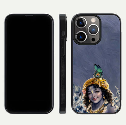 Lord Krishna Glass Case for iPhone 13 Pro front & back layout displaying soft tones and elegant edges