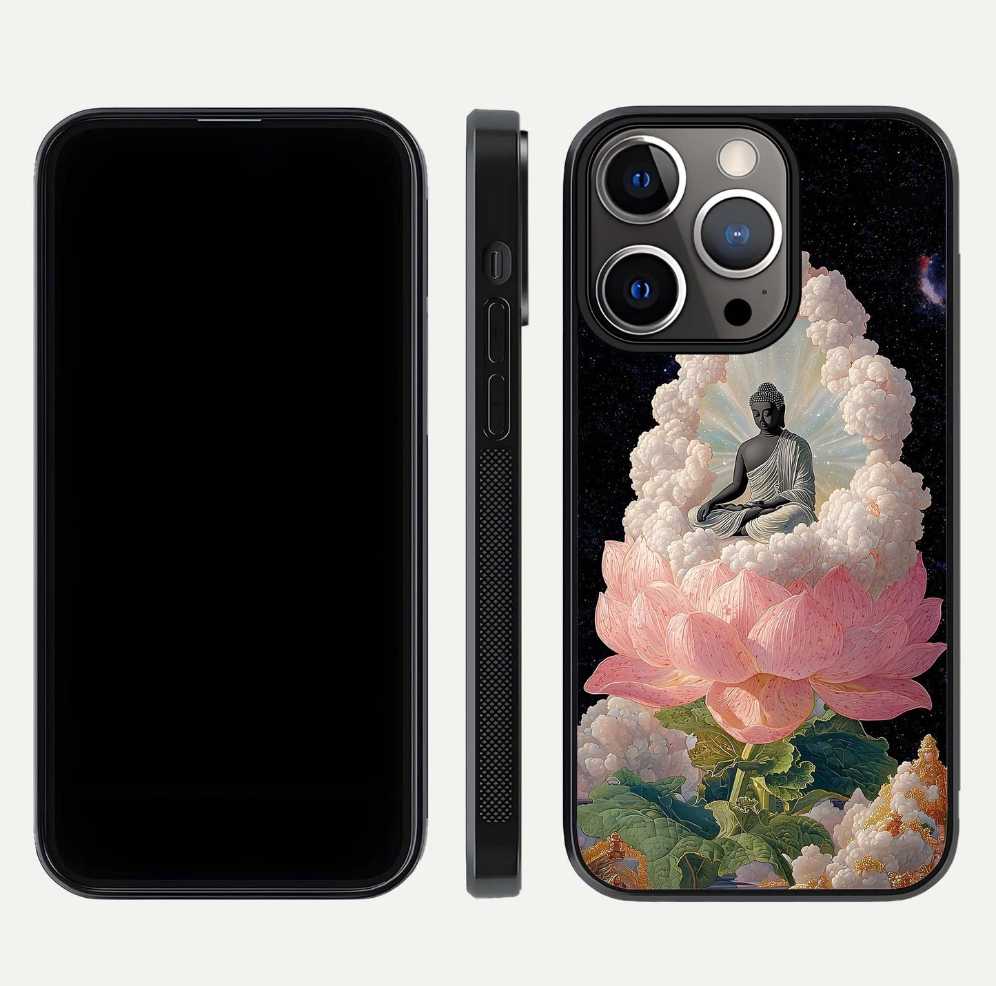 Lotus Divine Peace Glass Case for iPhone 13 Pro front & back layout highlighting soft pink hues and curved edges
