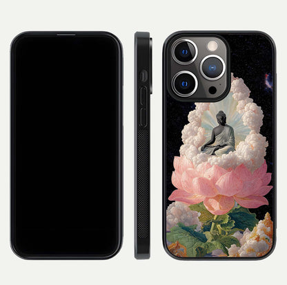 Lotus Divine Peace Glass Case for iPhone 13 Pro front & back layout highlighting soft pink hues and curved edges