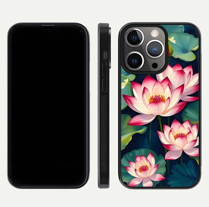 Lotus Dream Serenity Glass Case for iPhone 13 Pro front & back layout with elegant finish and edge curve