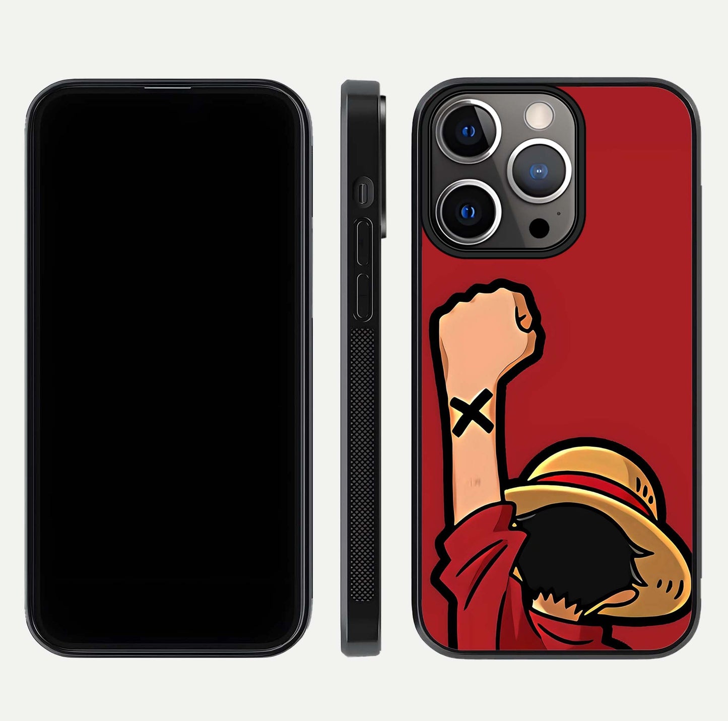 Luffy X Spirit Glass Case for iPhone 13 Pro front & back layout displaying anime theme and curved edges