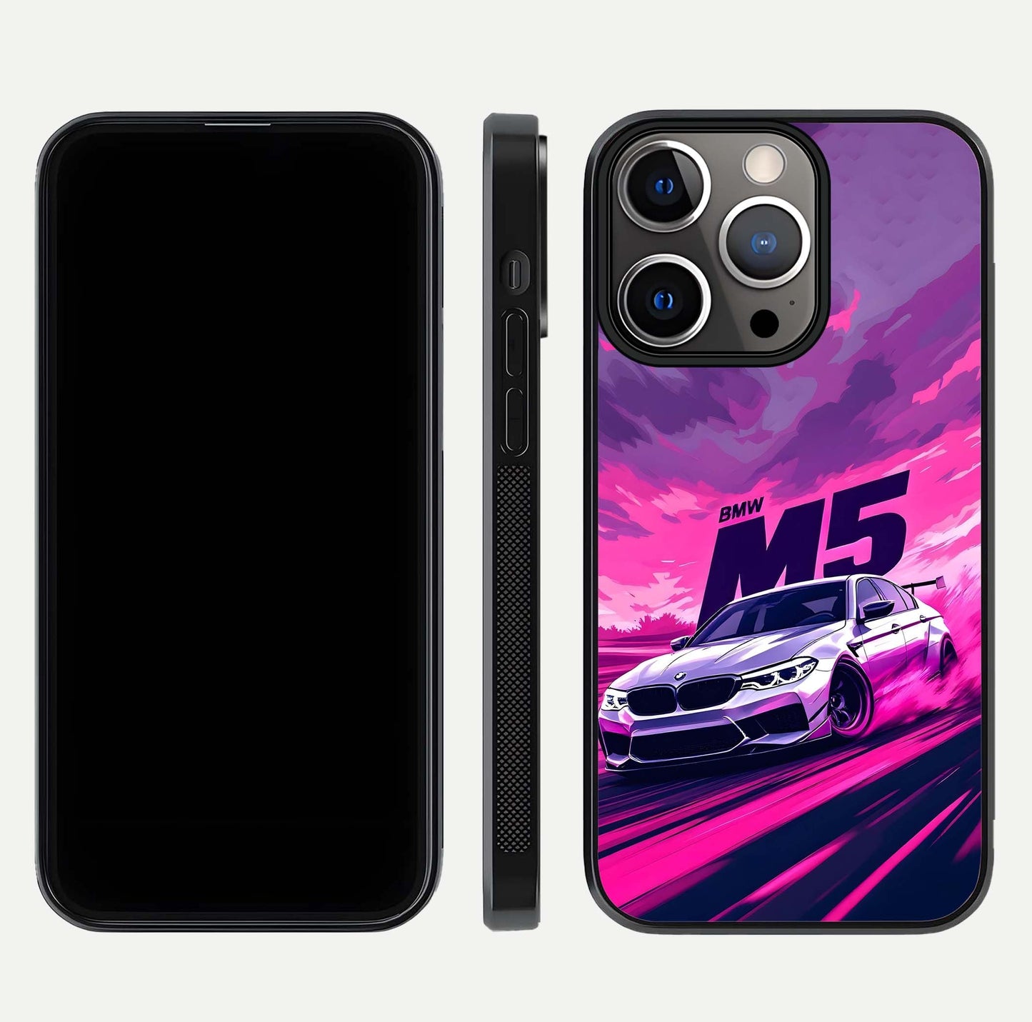 MS Neon Car Glass Case for iPhone 13 Pro front & back layout highlighting automotive art and curved design