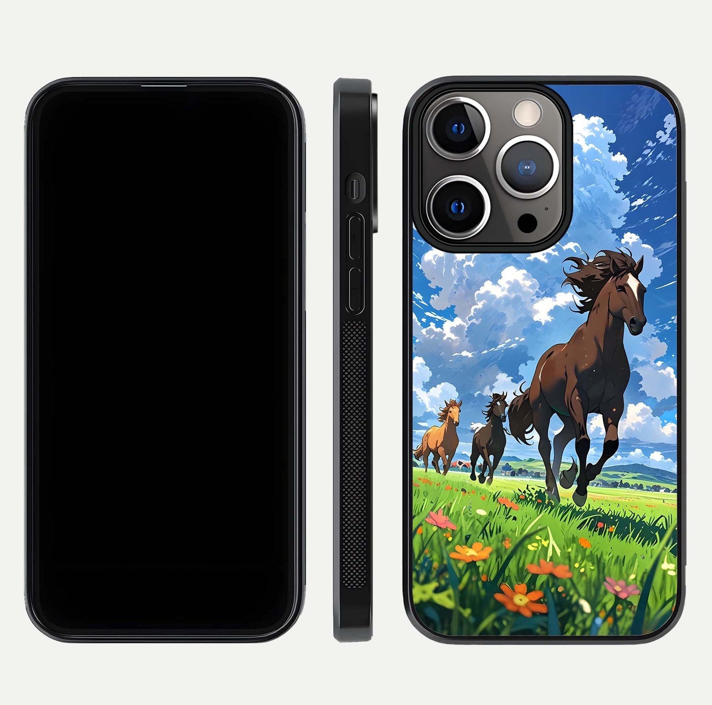 Majestic Horses Galloping Glass Case for iPhone 13 Pro front & back layout highlighting dynamic design and edges