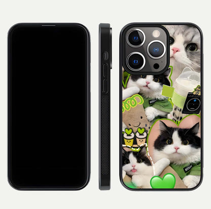 Matcha Cats Mood Glass Case for iPhone 13 Pro front & back layout highlighting cute theme and smooth edges