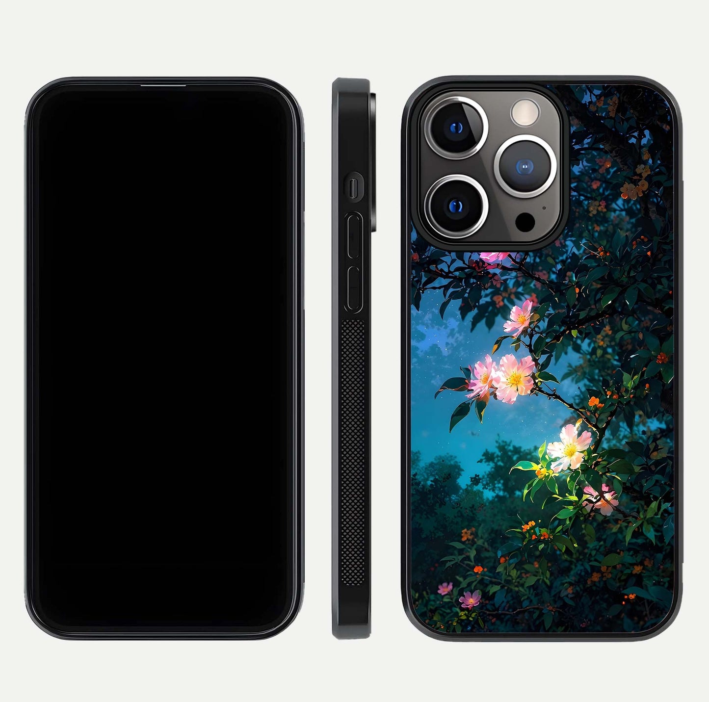 Midnight Bloom Glow Glass Case for iPhone 13 Pro front & back layout highlighting moody tones and smooth finish