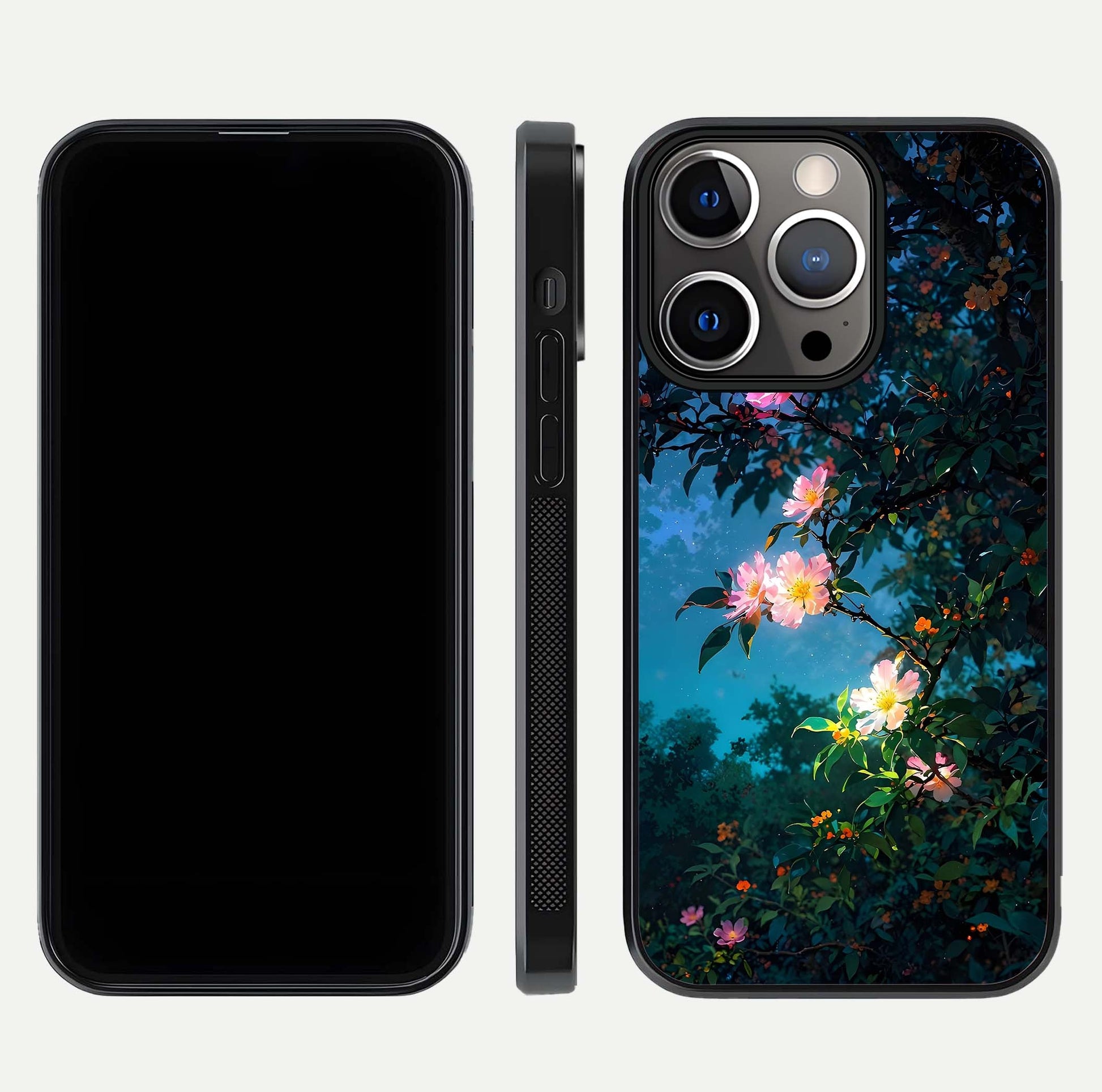 Midnight Bloom Glow Glass Case for iPhone 13 Pro front & back layout highlighting moody tones and smooth finish