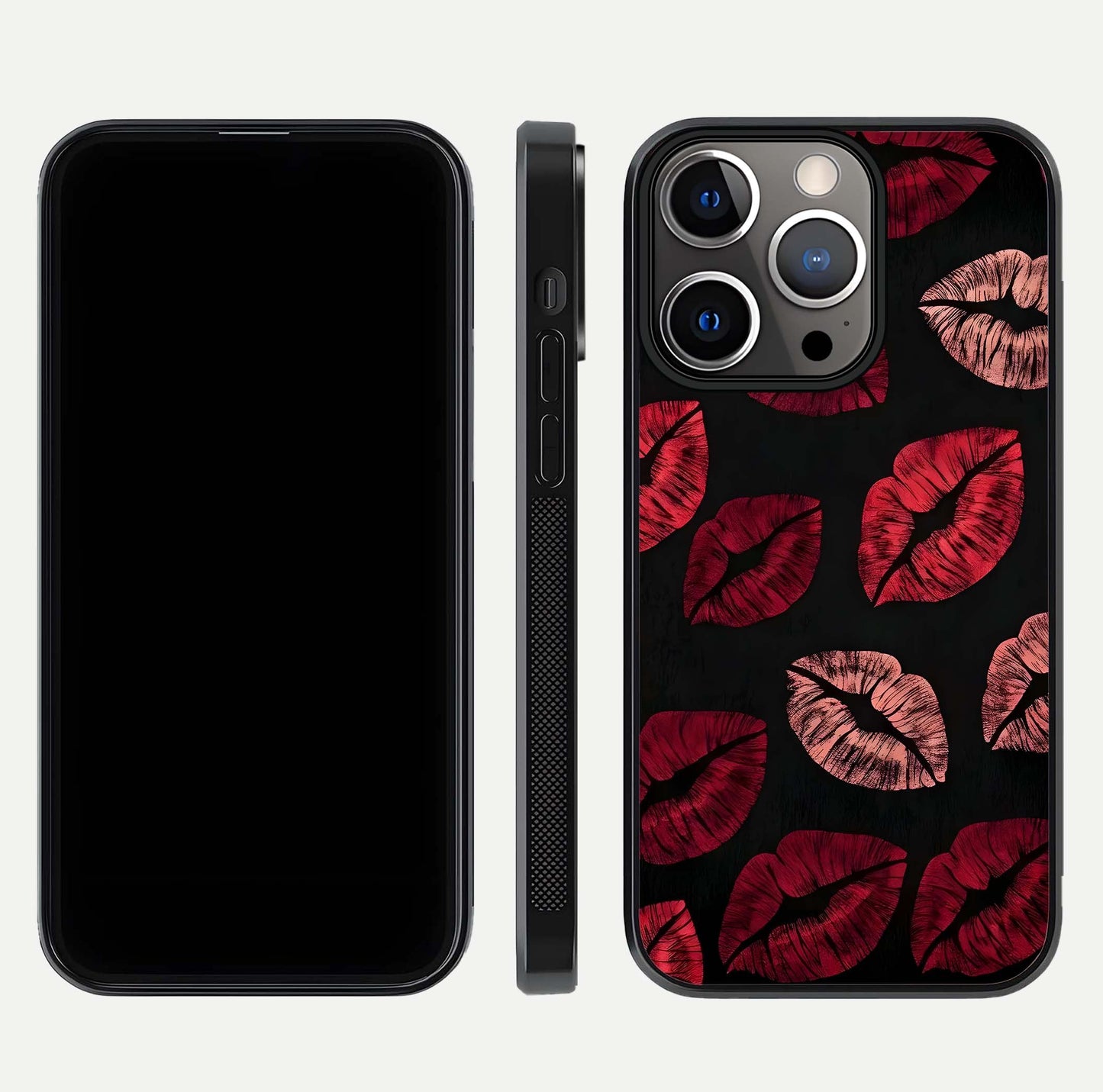 Midnight Kiss Love Glass Case for iPhone 13 Pro front & back view layout showing romantic theme and smooth curves