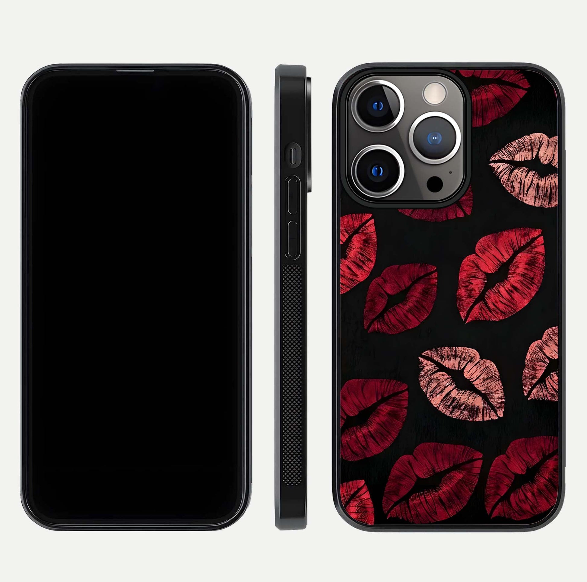 Midnight Kiss Love Glass Case for iPhone 13 Pro front & back view layout showing romantic theme and smooth curves