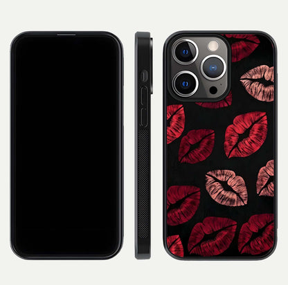 Midnight Kiss Love Glass Case for iPhone 13 Pro front & back view layout showing romantic theme and smooth curves