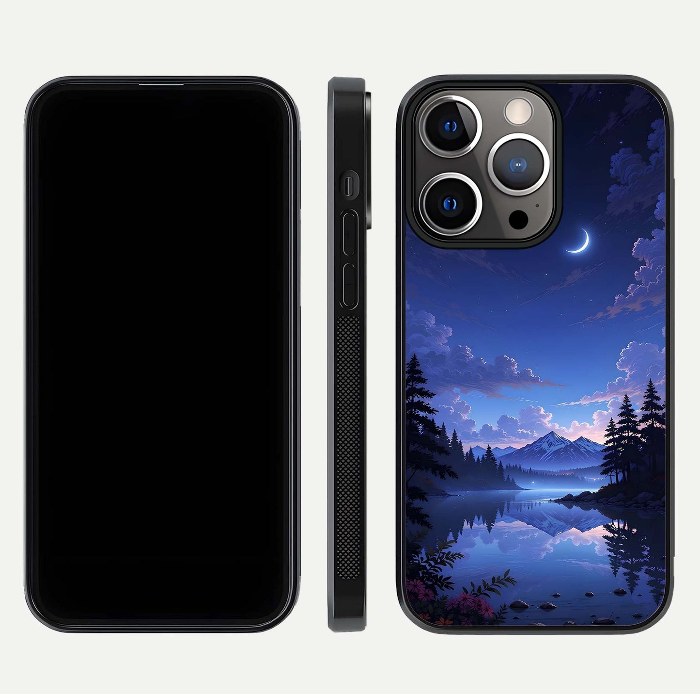 Midnight Lake Peace Glass Case for iPhone 13 Pro front & back layout highlighting calm design and curved edges