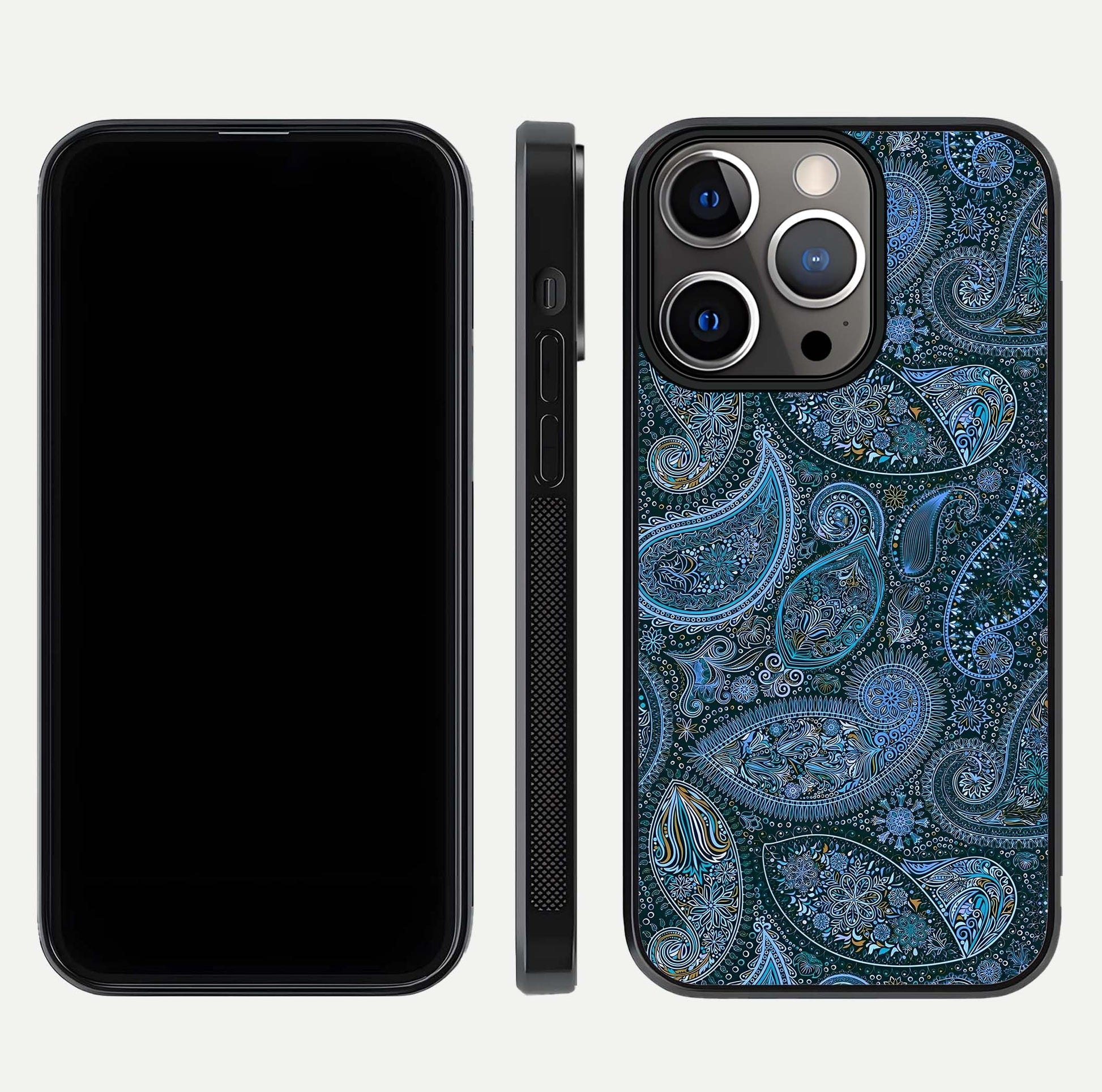 Midnight Paisley Glow Glass Case for iPhone 13 Pro front & back layout highlighting elegant edge finish