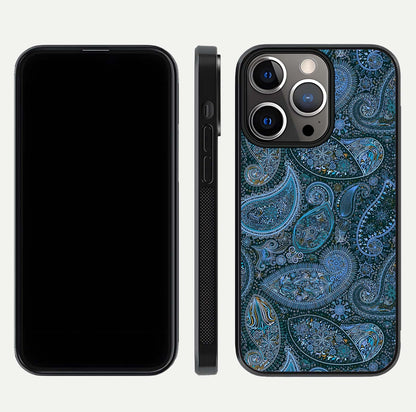 Midnight Paisley Glow Glass Case for iPhone 13 Pro front & back layout highlighting elegant edge finish