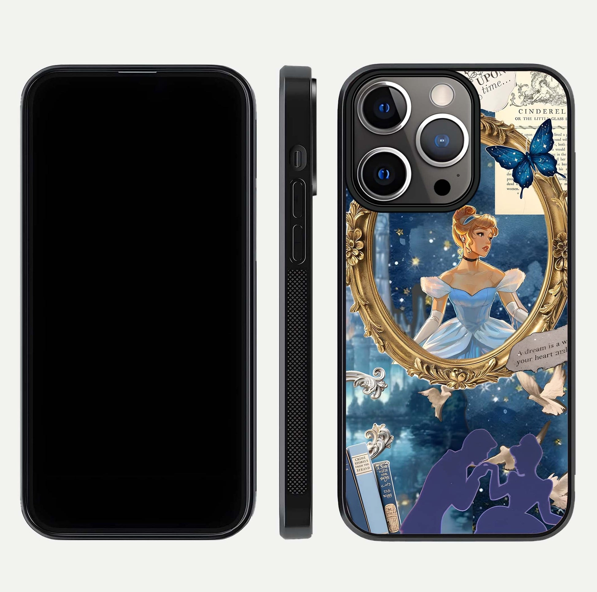 Midnight Queen Glass Case for iPhone 13 Pro front & back layout displaying regal tones and smooth edges