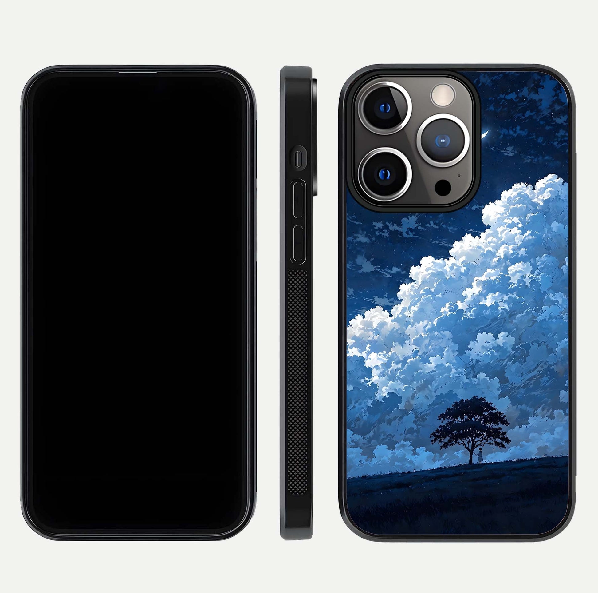 Midnight Sky Serenity Glass Case for iPhone 13 Pro front & back layout highlighting celestial art and curves