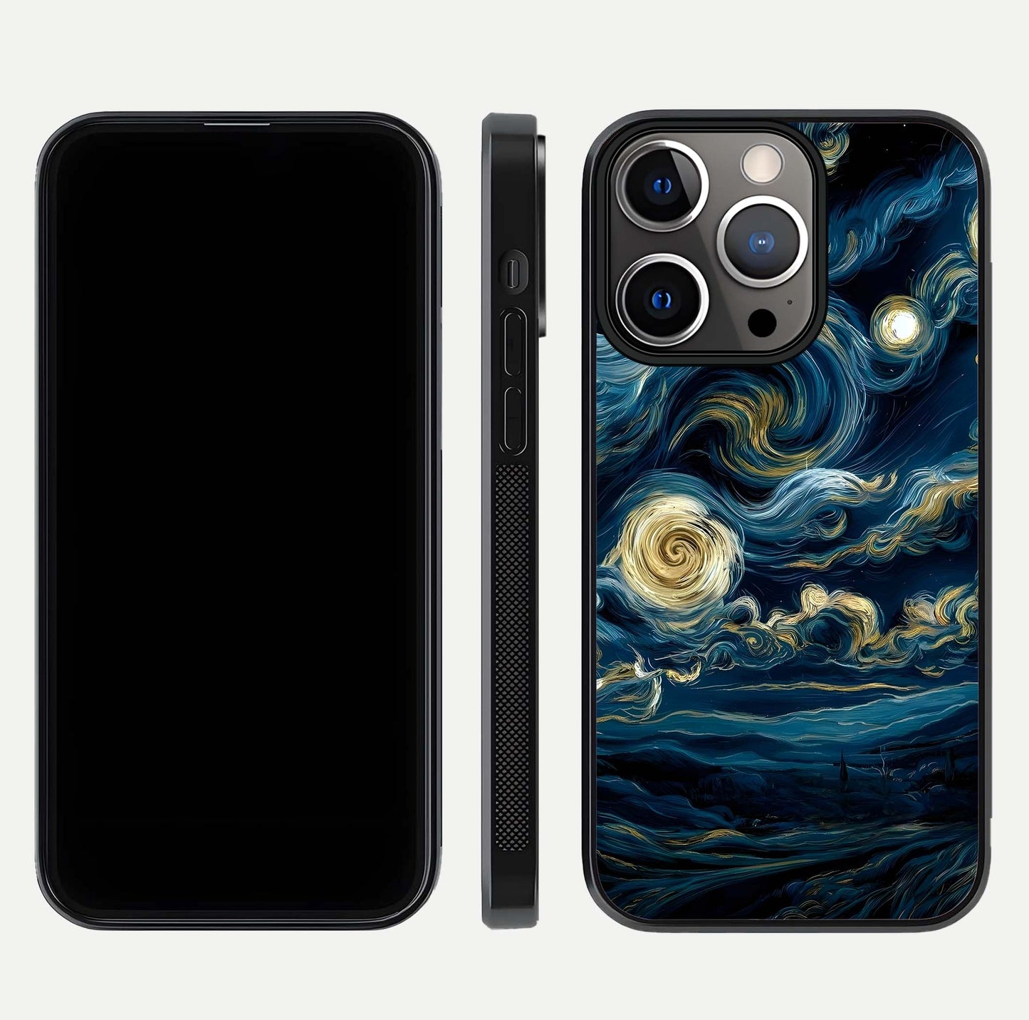 Midnight Sky Whirl Glass Case for iPhone 13 Pro front & back layout highlighting celestial movement art