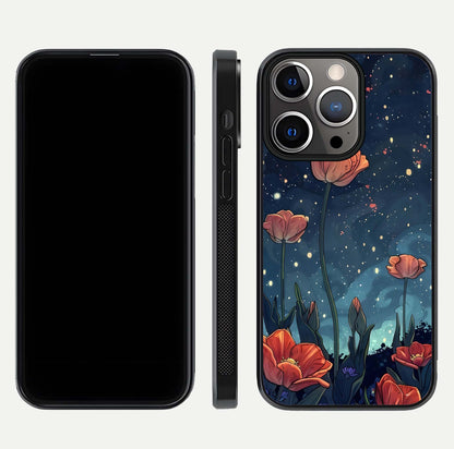 Midnight Tulip Glow Glass Case for iPhone 13 Pro front & back layout highlighting floral glow and curved edges