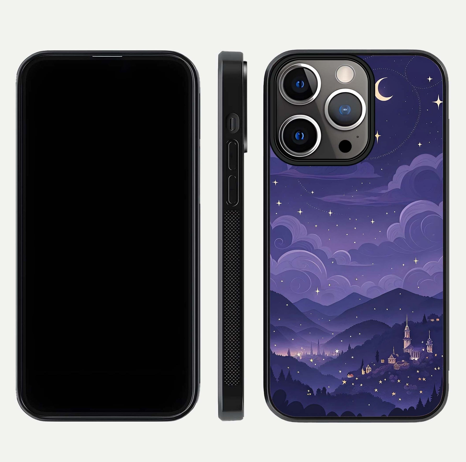 Minimal Night View Glass Case for iPhone 13 Pro front & back layout highlighting minimal night vibe and curves