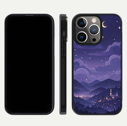 Minimal Night View Glass Case for iPhone 13 Pro front & back layout highlighting minimal night vibe and curves