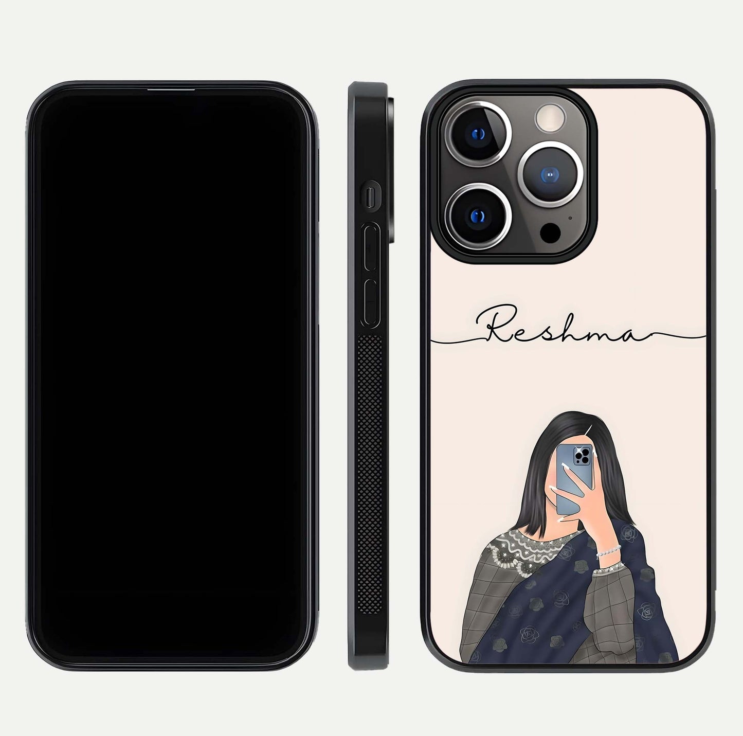 Mirror Mood Muse Custom Name Glass Case for iPhone 13 Pro front & back layout showing personalized name placement