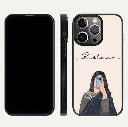 Mirror Mood Muse Custom Name Glass Case for iPhone 13 Pro front & back layout showing personalized name placement