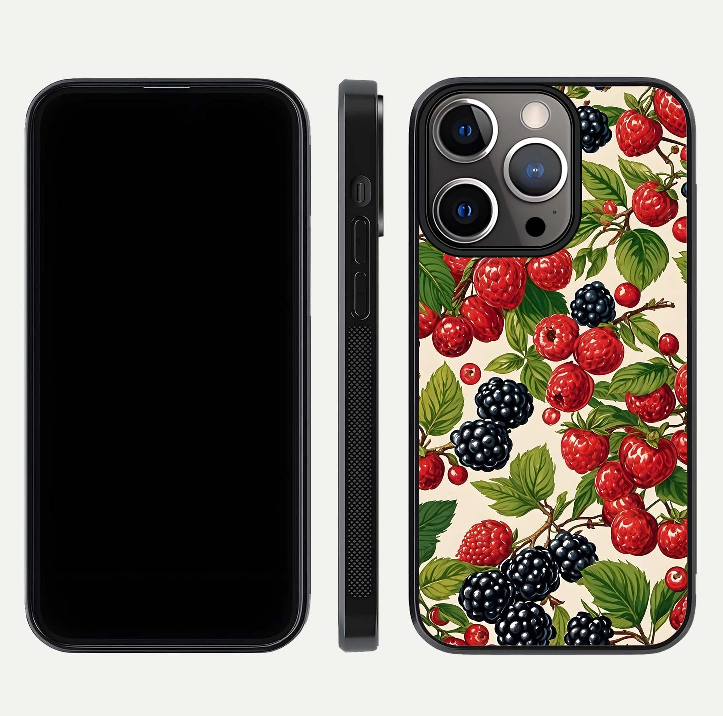 Mixed Berry Collage Glass Case for iPhone 13 Pro front & back layout highlighting colorful art and curved edges
