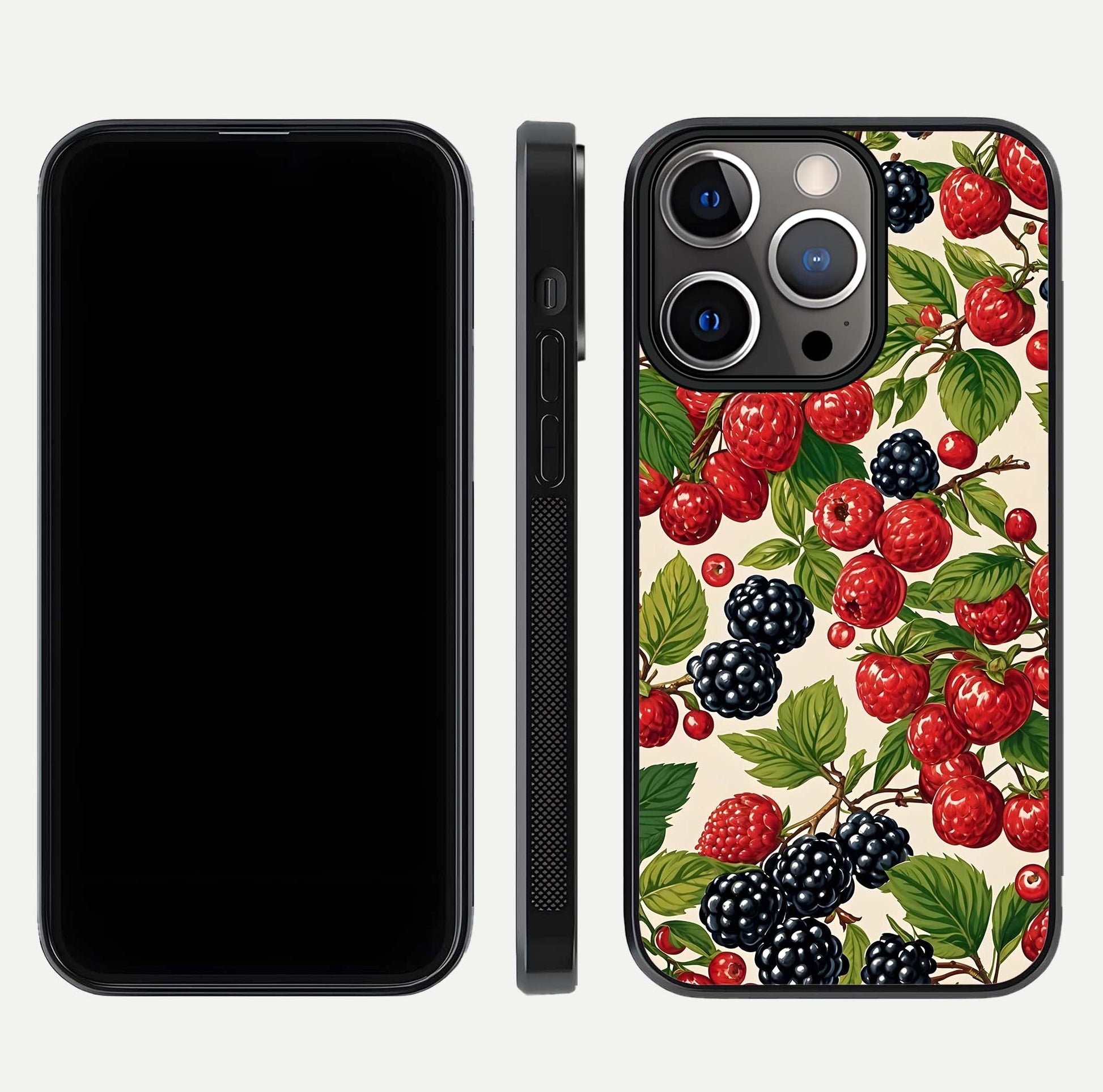Mixed Berry Collage Glass Case for iPhone 13 Pro front & back layout highlighting colorful art and curved edges