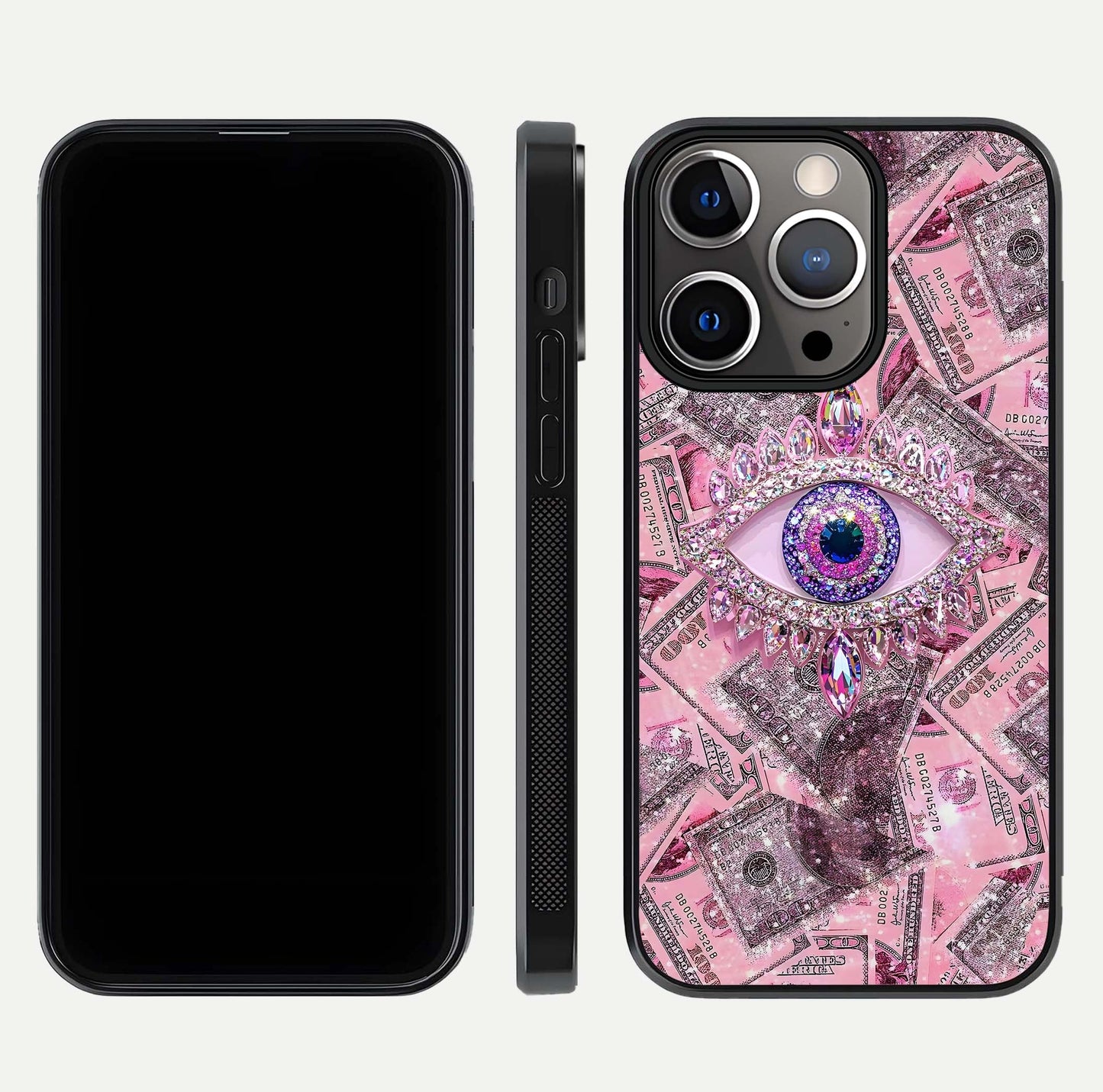 Money Eye Luxe Glass Case for iPhone 13 Pro front & back layout highlighting luxury edge design and bold art
