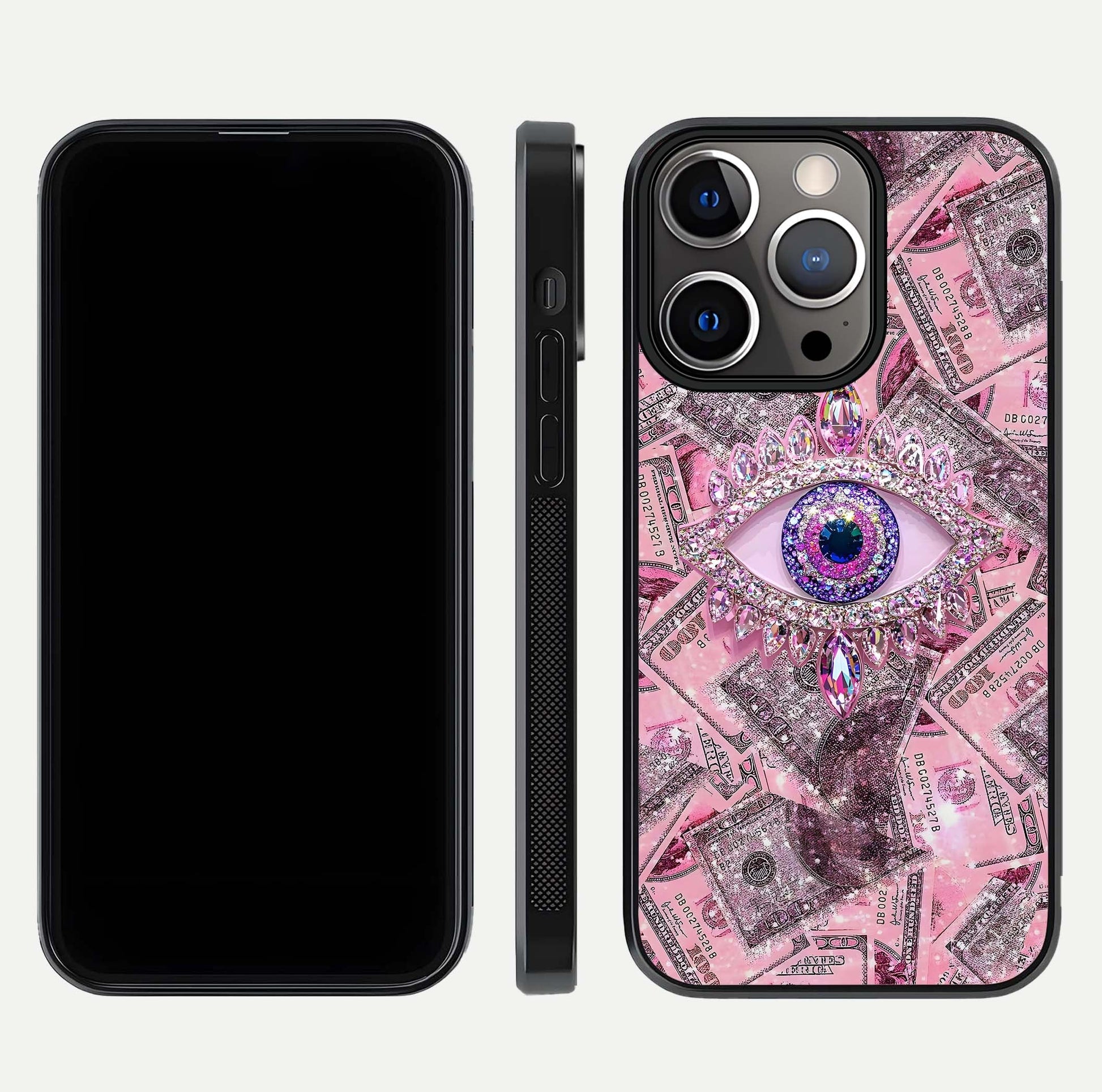 Money Eye Luxe Glass Case for iPhone 13 Pro front & back layout highlighting luxury edge design and bold art