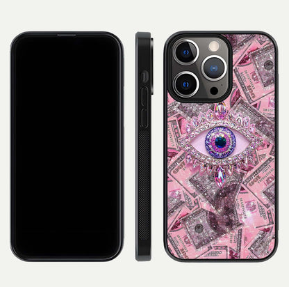 Money Eye Luxe Glass Case for iPhone 13 Pro front & back layout highlighting luxury edge design and bold art