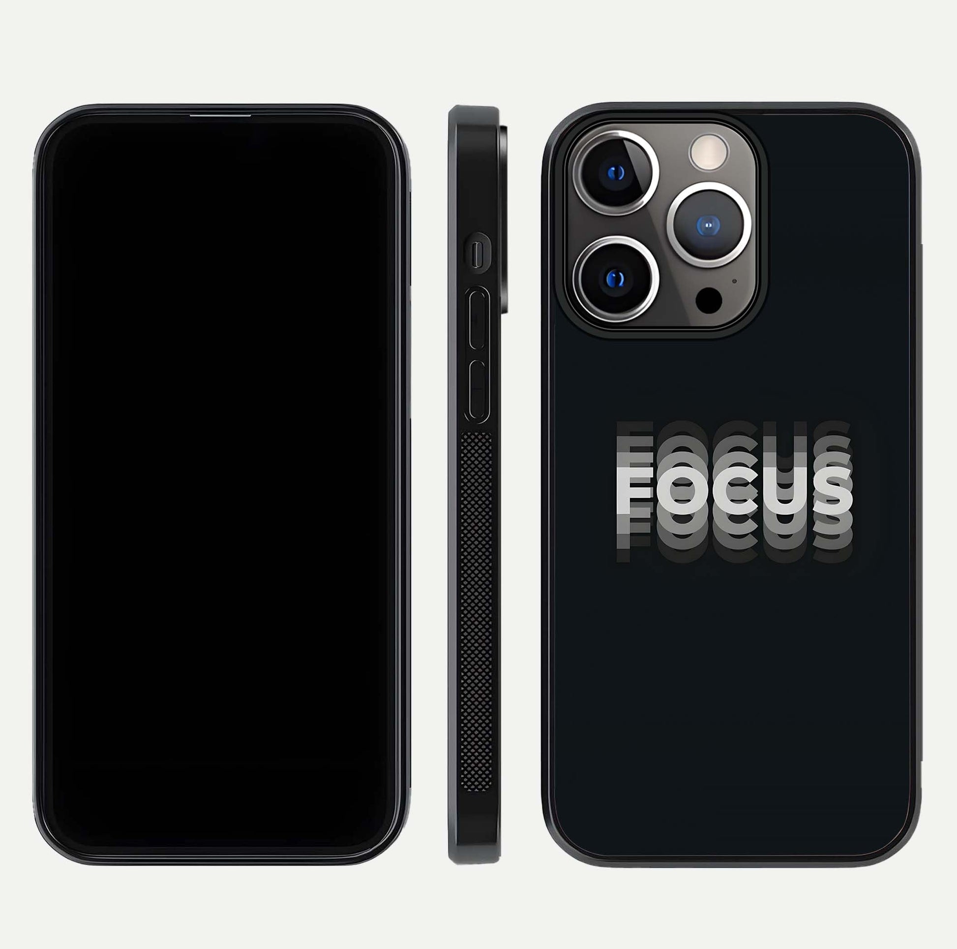 Mono Focus Vision Glass Case for iPhone 13 Pro front & back layout showing clean focus lines and curved edges
