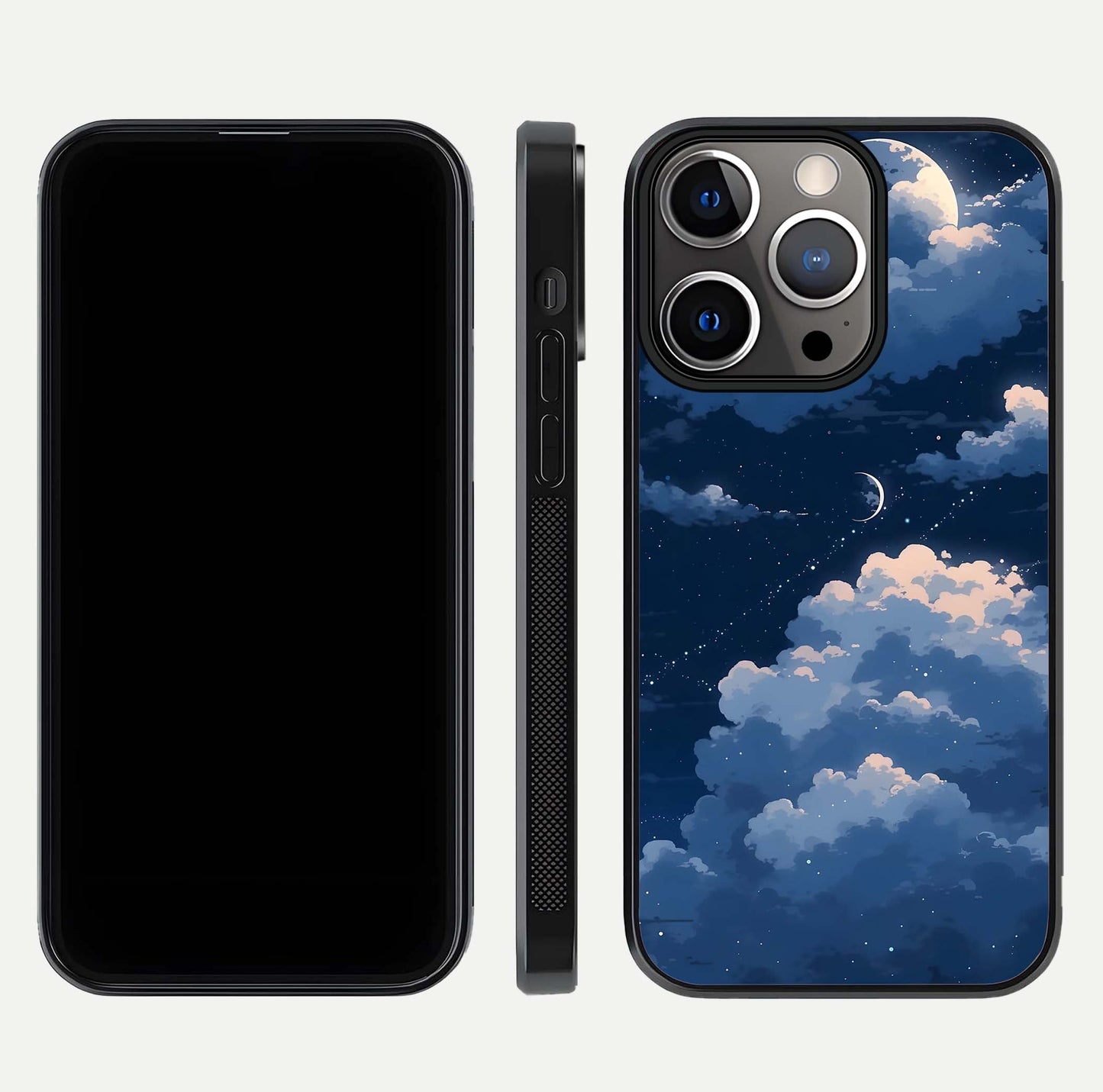 Moon Dream Haze Glass Case for iPhone 13 Pro front & back layout highlighting dreamy design and curved shape