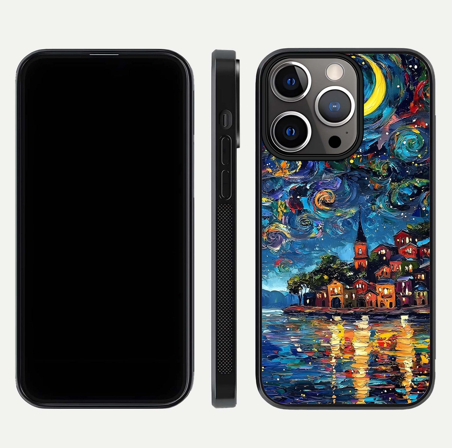 Moonlight Harbor Glow Glass Case for iPhone 13 Pro front & back layout highlighting calm harbor tones